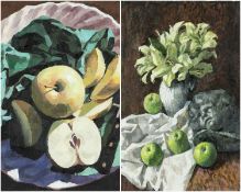 BRYN RICHARDS (Welsh, 1922-2023) two oils on canvas - 'Lilies, apples and head', unsigned, 30 x