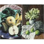 BRYN RICHARDS (Welsh, 1922-2023) two oils on canvas - 'Lilies, apples and head', unsigned, 30 x