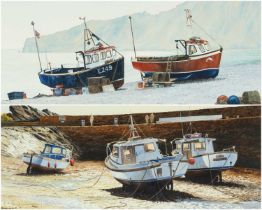 MAX A. S. HAMBLEN, watercolour - Fishing Boats, Beer, Devon, signed, 28 x 45.5cms ; The Harbour,