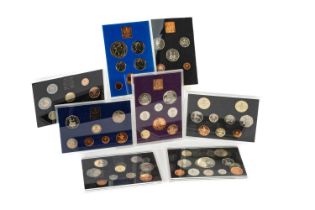 EIGHT ELIZABETH II ROYAL MINT PROOF COIN SETS, 1970, 1971, 1977, 1982, 1983, 1989, 1992, and 1997,