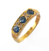 18CT GOLD SAPPHIRE & DIAMOND CHIP RING, ring size N, 3.4gms, in Ernest Jones ring box Provenance: