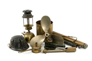 ANTIQUE BRASS INSTRUMENTS & MISCELLANEA including, Bialaddin 330x lamp, tinder box, scoop/bath