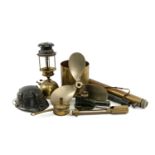 ANTIQUE BRASS INSTRUMENTS & MISCELLANEA including, Bialaddin 330x lamp, tinder box, scoop/bath