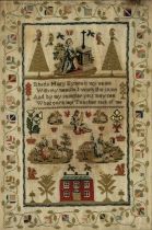EARLY 20TH C. WELSH NEEDLEWORK SAMPLER, by Rhoda Mary Eynon (nee Williams), depicting figure at