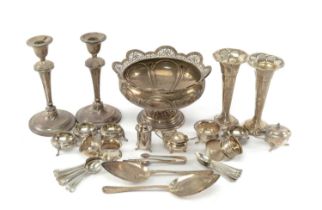 ASSORTED SILVER & PLATE, including George V silver pedestal bowl with pierced rim, 23cms diam., pair
