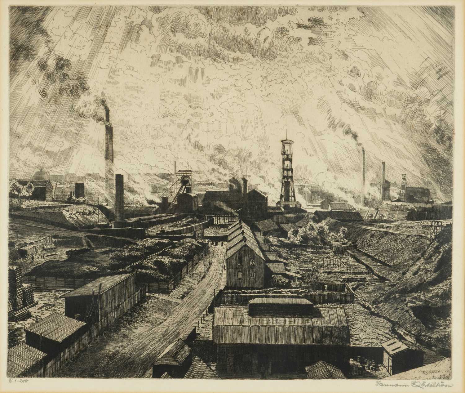 HERMANN KATELHON (German, 1884-1940) four etchings - Pithead; Miners with coal trucks, both signed - Image 3 of 5