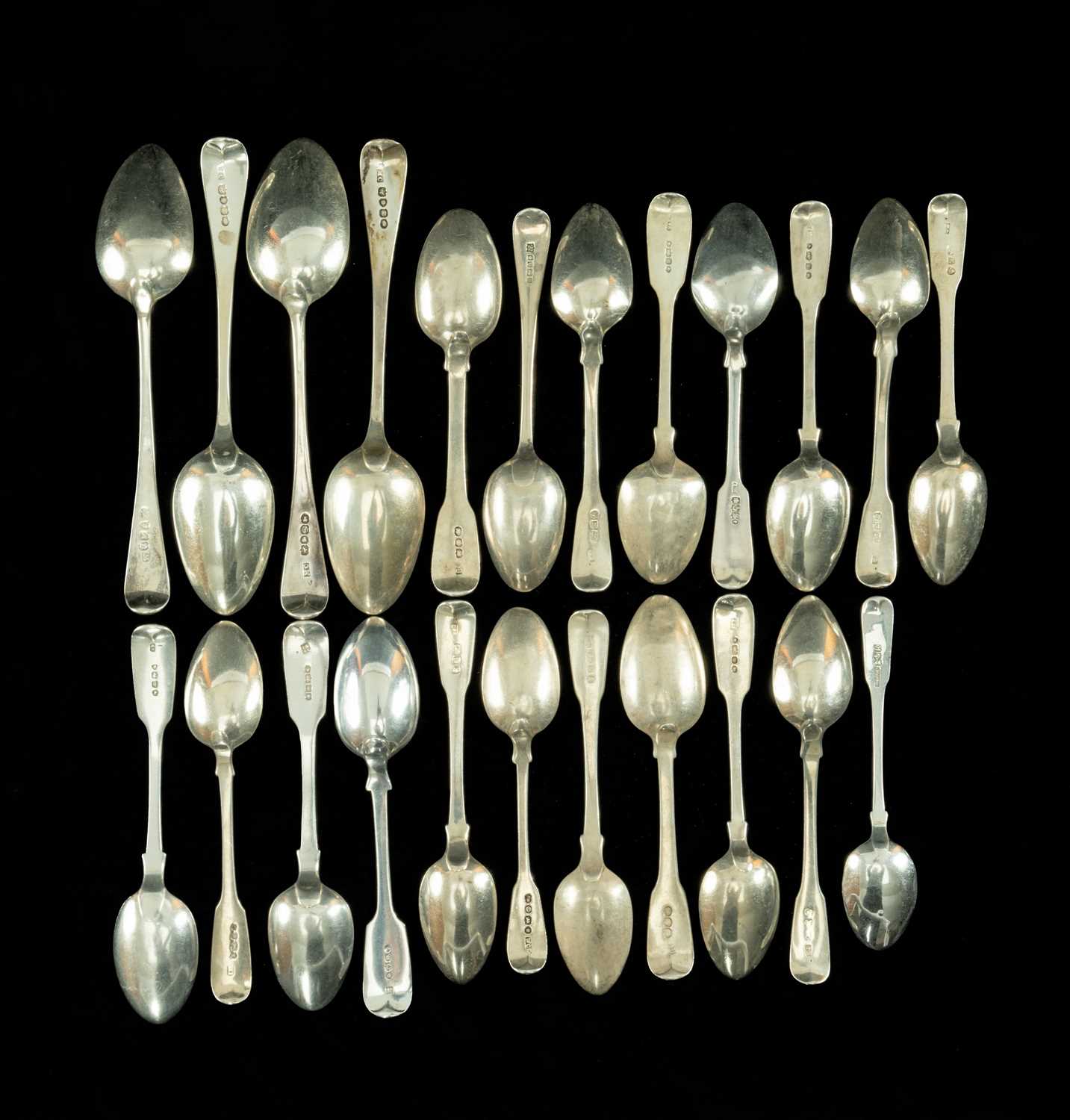 ASSORTED 19TH C. SILVER SPOONS, various dates and makers, including 18 fiddle pattern teaspoons,