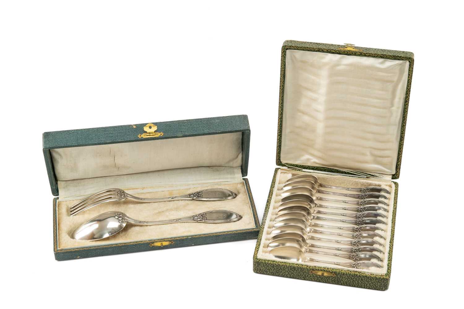 19TH C. FRENCH SILVER CASED FLATWARE, by Adolphe Boulenger, including pair double struck serving