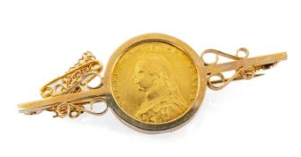 VICTORIAN GOLD HALF SOVEREIGN, 1887, Jubilee head, in 9ct gold brooch mount, 7.5gms Provenance: