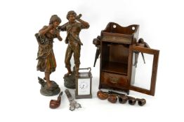 ASSORTED DECORATIVE METALWORK & ORNAMENTS, including pair French spelter figures, 39cms (h),