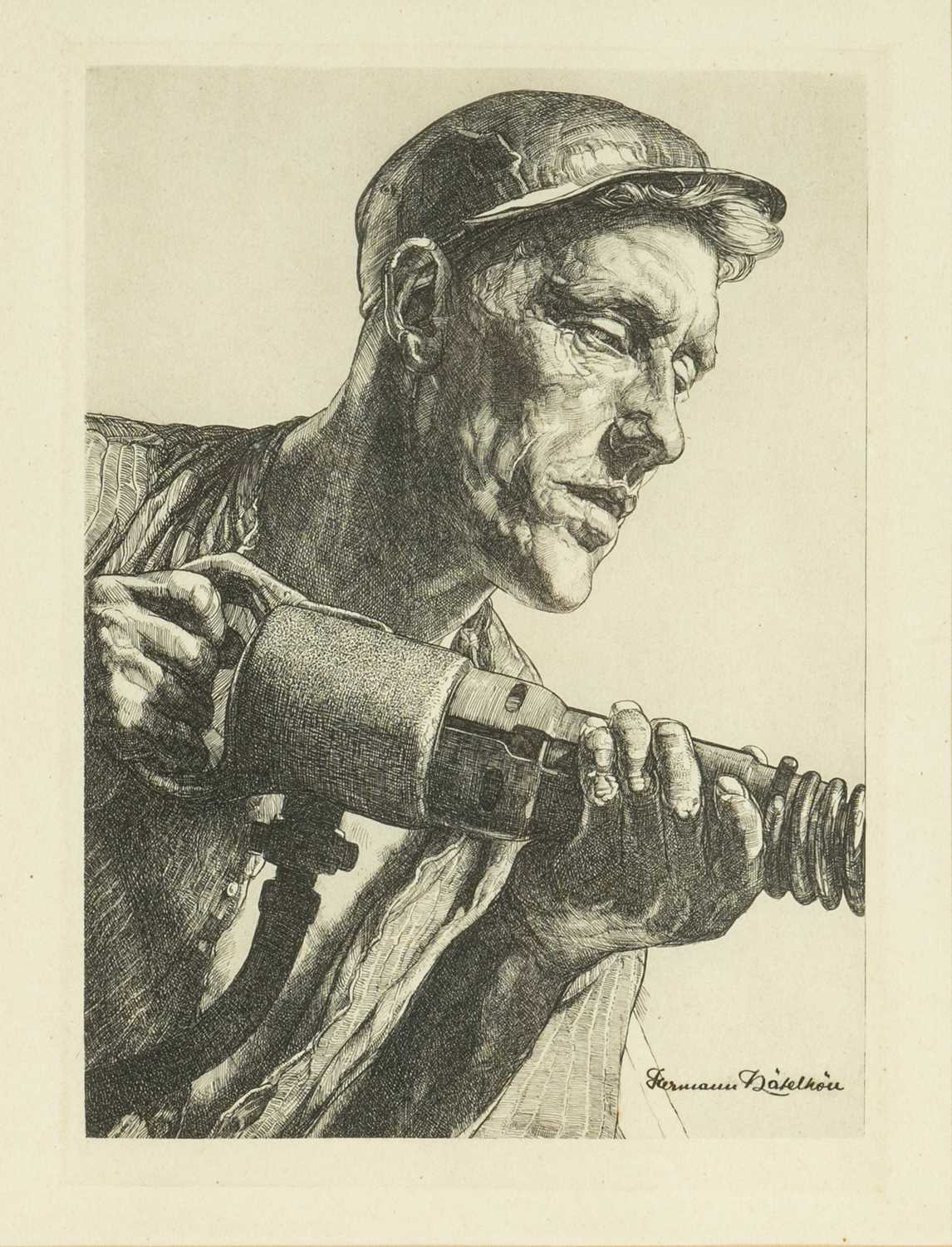 HERMANN KATELHON (German, 1884-1940) four etchings - Pithead; Miners with coal trucks, both signed - Image 4 of 5