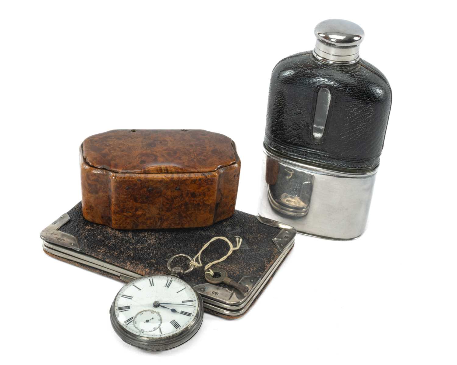 SNUFF BOX, SPIRIT FLASK, WALLET & POCKET WATCH, the 19th C. burrwood snuffbox with tortoiseshell