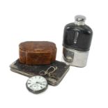 SNUFF BOX, SPIRIT FLASK, WALLET & POCKET WATCH, the 19th C. burrwood snuffbox with tortoiseshell