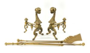PAIR 19TH CENTURY BRASS CHENETS, modelled as hairy claw and ball feet, on bowed legs, 36cms (h),