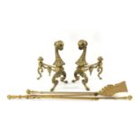 PAIR 19TH CENTURY BRASS CHENETS, modelled as hairy claw and ball feet, on bowed legs, 36cms (h),