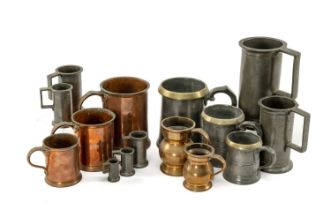 COLLECTION OF ANTIQUE LIQUID MEASURES including, three brass and pewter measures, 1/2 pint, pint &