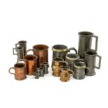 COLLECTION OF ANTIQUE LIQUID MEASURES including, three brass and pewter measures, 1/2 pint, pint &