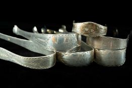 SIX EARLY 19TH C. BRIGHT CUT SILVER SUGAR NIPS/TONGS, various makers & dates, four with initials