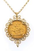 VICTORIAN GOLD SOVEREIGN, 1891, Jubilee head, in 9ct gold scroll pendant on 9ct gold oval link
