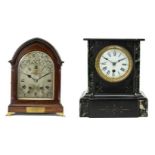 FRENCH MAGHOGANY MANTEL CLOCK, c. 1910, Vincenti et Cie, lancet case, with grille door and brass