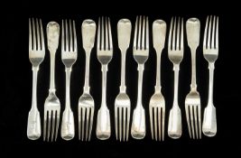 ELEVEN 19TH C. SILVER FIDDLE PATTERN TABLE FORKS, George Adams, London 1847, set of eight, and