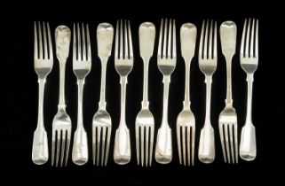 ELEVEN 19TH C. SILVER FIDDLE PATTERN TABLE FORKS, George Adams, London 1847, set of eight, and