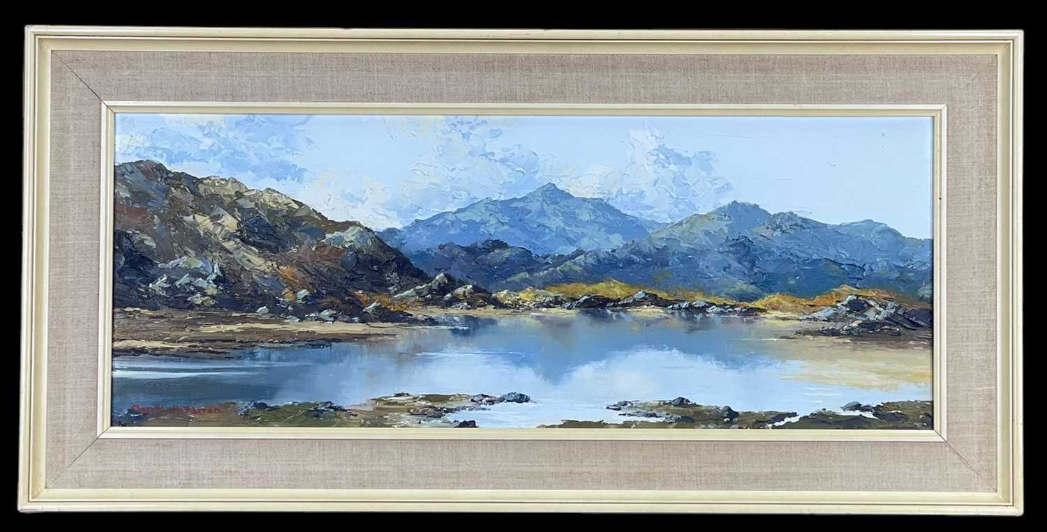 ‡ CHARLES WYATT WARREN (Welsh 1908-1993) oil on board - Eryri (Snowdonia) landscape with lake, - Image 2 of 2
