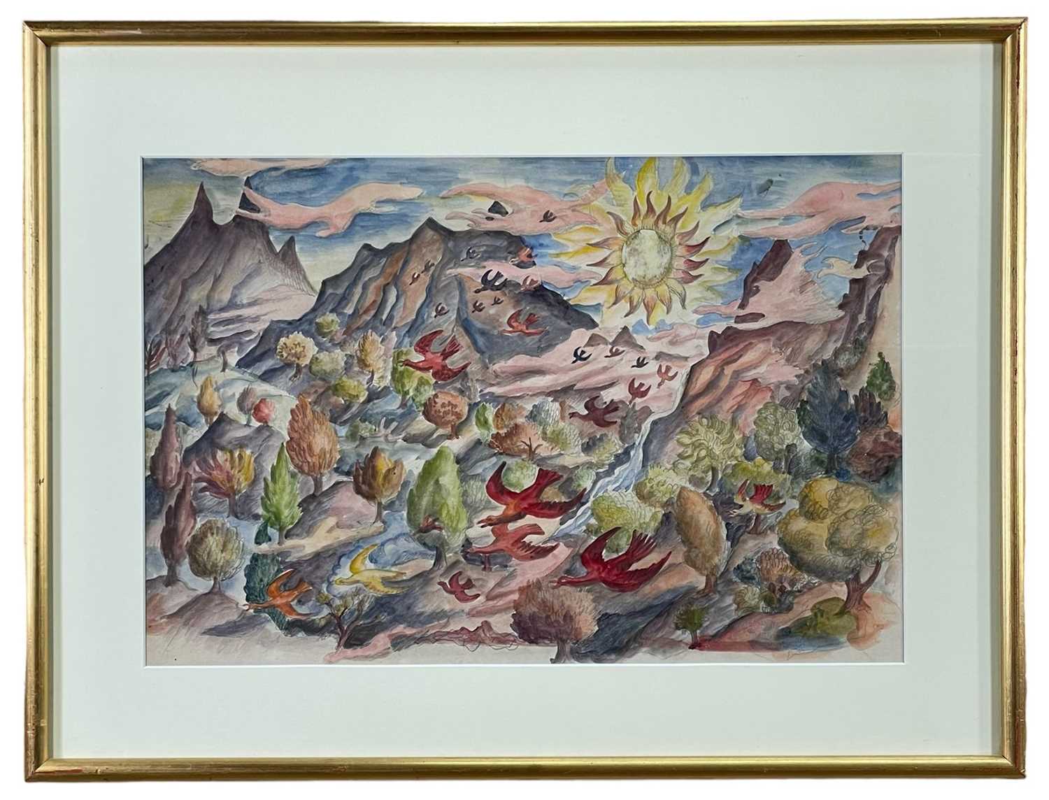 ‡ HELEN STEINTHAL (1911-1991) watercolour and pencil - flock of birds above landscape with sun and - Image 3 of 3