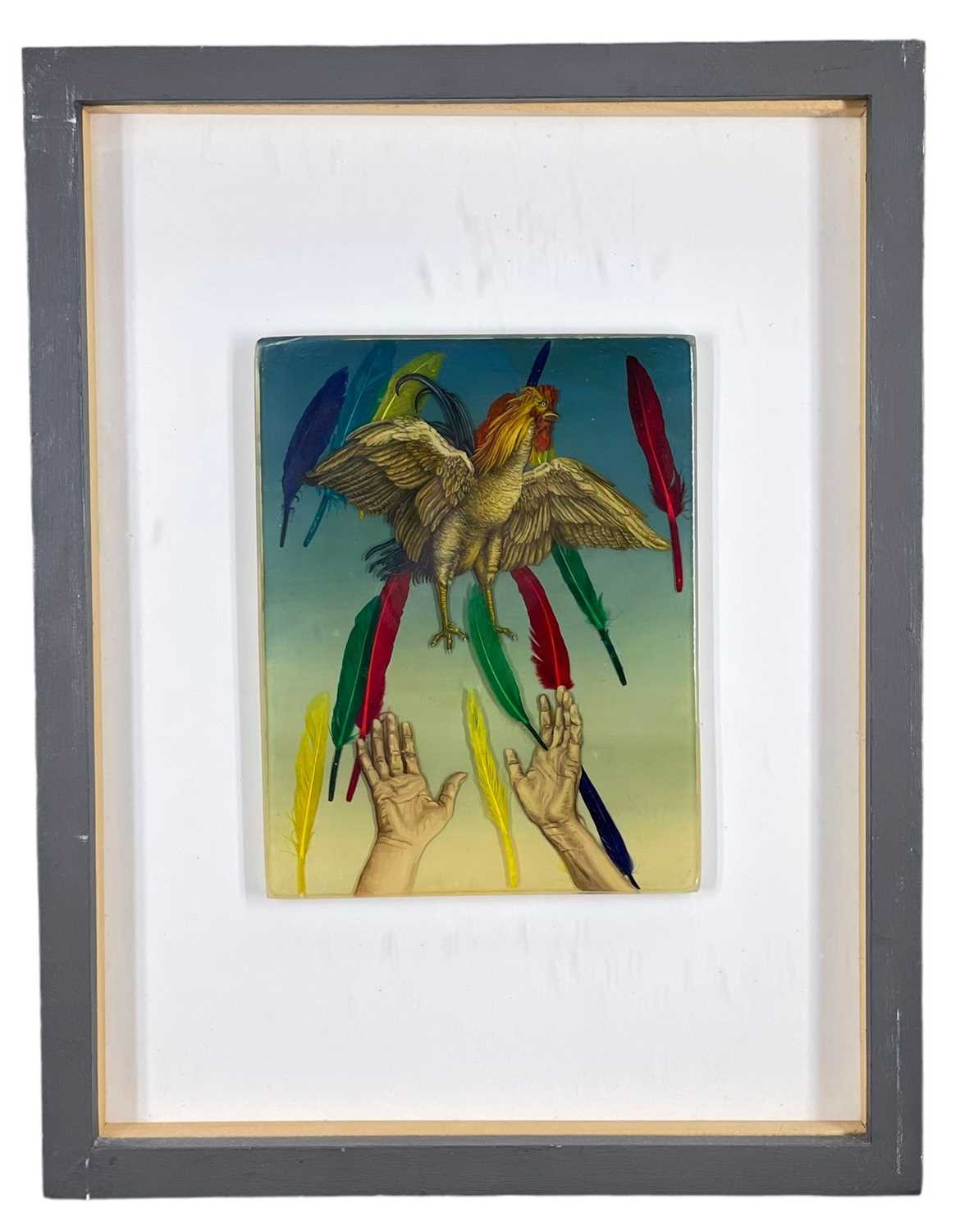 ‡ ALAN SALISBURY (b.1946) mixed media and oil on glass panel - entitled verso, 'Durer's Cock' on - Bild 2 aus 2