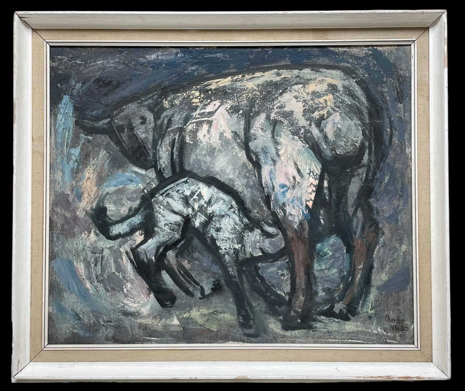 ‡ CHARLES WHITE (1928-1997) oil on board - entitled verso, 'Lambing in Welsh Mountains', signed - Image 2 of 2
