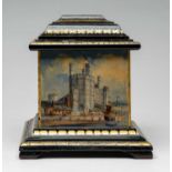 WELSH FOLK ART SLATE TEA CADDY circa 1850, with four hand-painted panels depicting north Wales