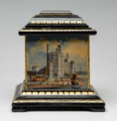 WELSH FOLK ART SLATE TEA CADDY circa 1850, with four hand-painted panels depicting north Wales