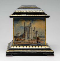 WELSH FOLK ART SLATE TEA CADDY circa 1850, with four hand-painted panels depicting north Wales