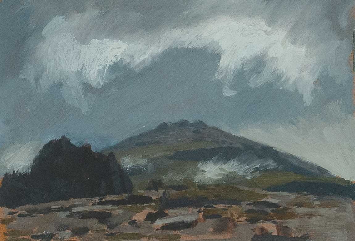 ‡ DAVID WOODFORD (b.1938) oil on board - Eryri (Snowdonia) under stormy sky, entitled verso, 'On the