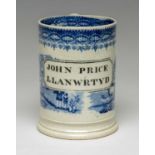 SWANSEA 'NAMED' BLUE & WHITE TANKARD printed in black with cartouche 'John Price Llanwrtyd' reserved