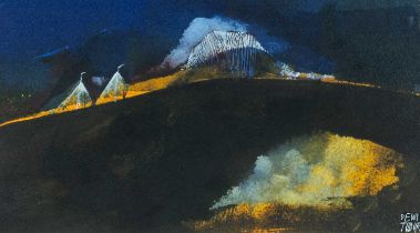 ‡ DEWI TUDUR (Welsh b.1957) mixed media - entitled verso, 'Ger Y Copa' / 'Near the Summit' on Martin