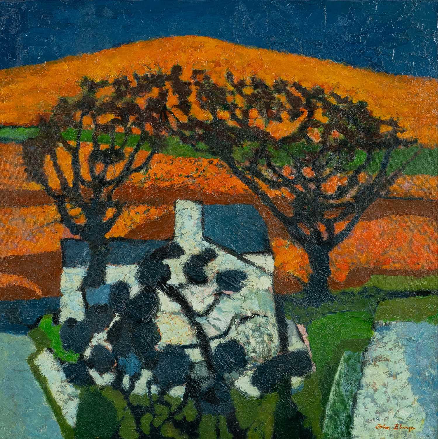 ‡ JOHN ELWYN (Welsh 1916-1997) oil on canvas - entitled verso, 'Welsh Landscape', signed, 50 x 50cms