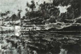 ‡ DAVID GROSVENOR (b.1956) mixed media - landscape with dark skies with reflection, signed, 36 x