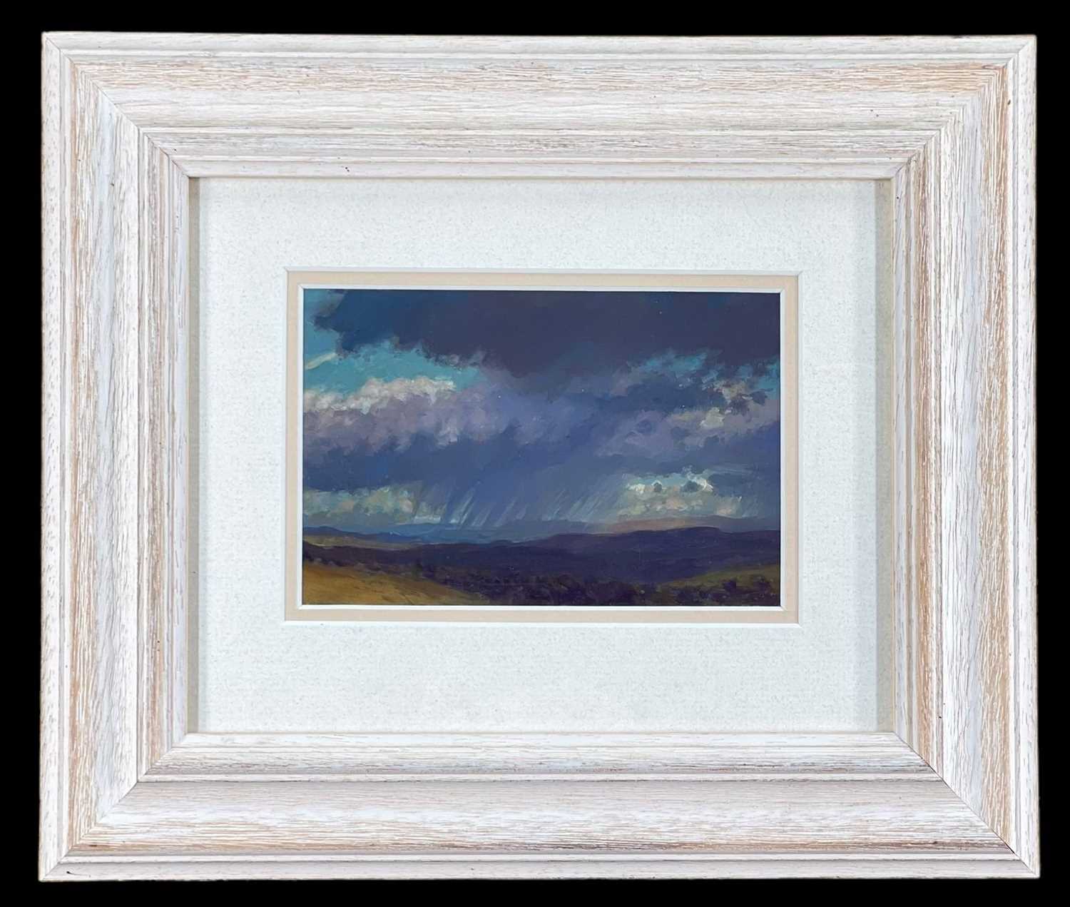 ‡ DAVID WOODFORD (b.1938) oil on card - landscape with rain clouds, signed, 12 x 18cms Provenance: - Image 2 of 2