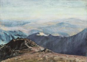 ‡ ALED PRICHARD-JONES (Welsh b.1945) pastel on paper - entitled verso, 'Crib y Ddysgl' on Oriel