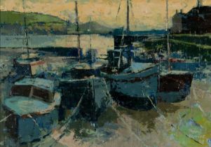 ‡ HYWEL HARRIES (1921-1990) oil on board - fishing boats in 'the gap' near Aberystwyth harbour ,
