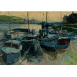 ‡ HYWEL HARRIES (1921-1990) oil on board - fishing boats in 'the gap' near Aberystwyth harbour ,