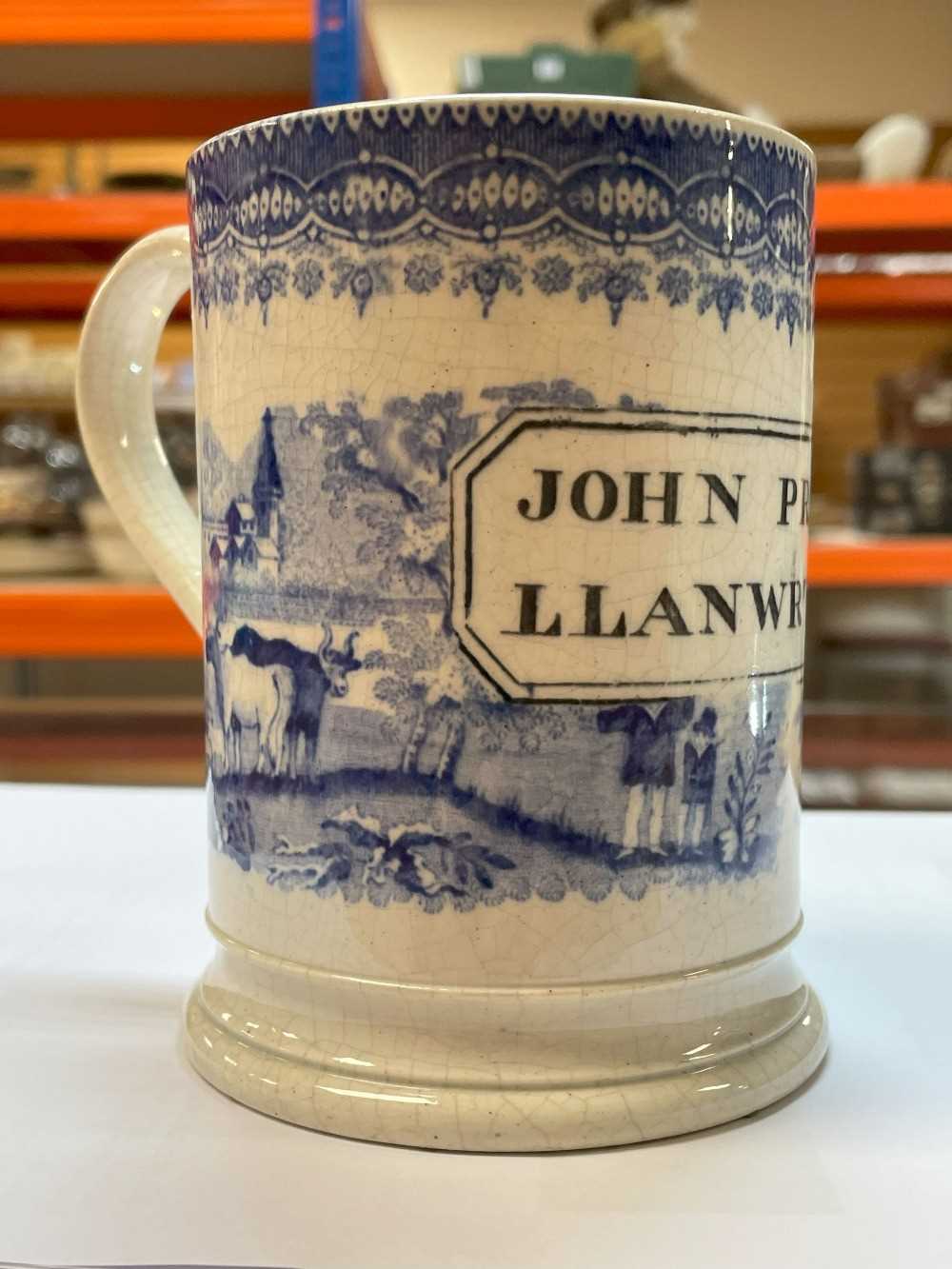 SWANSEA 'NAMED' BLUE & WHITE TANKARD printed in black with cartouche 'John Price Llanwrtyd' reserved - Image 8 of 14