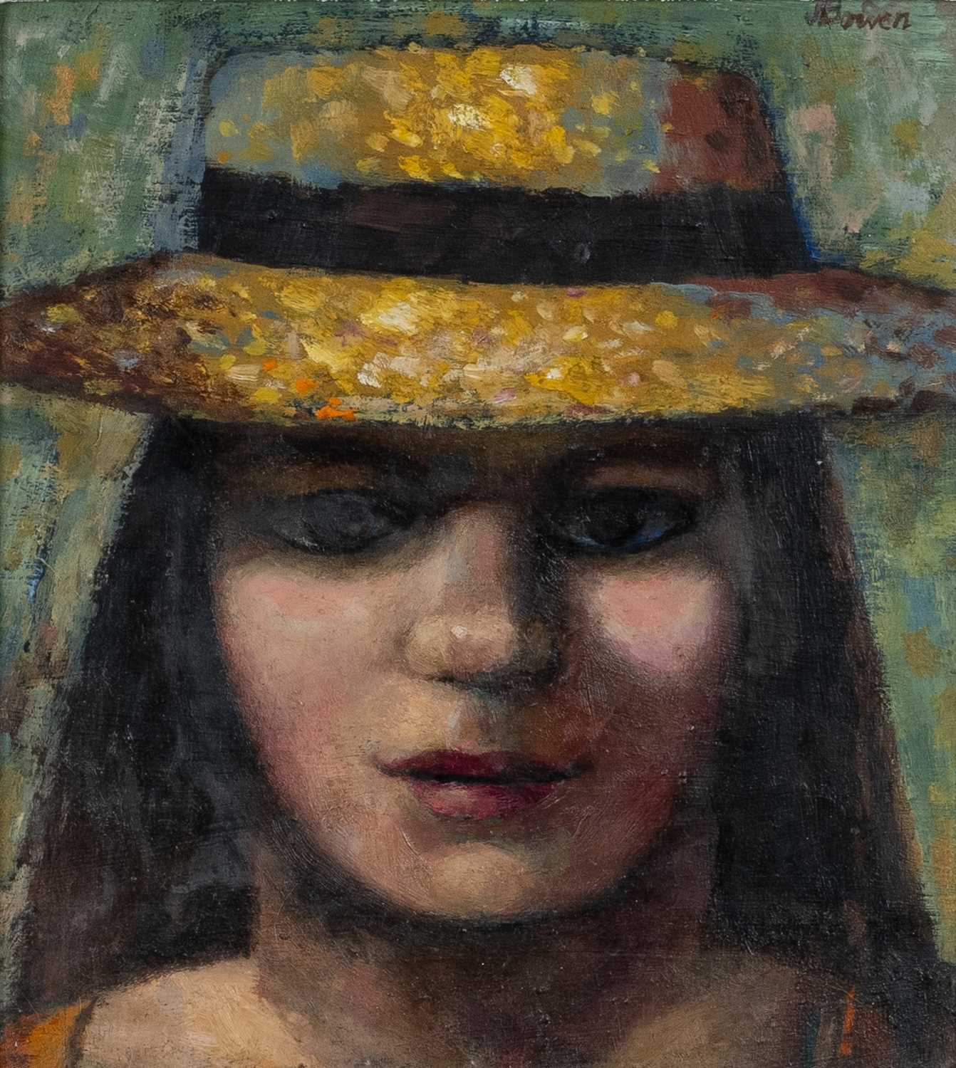 ‡ JOHN BOWEN (Welsh 1914-2006) oil on board - entitled verso, 'The Straw Hat', signed, 27 x 24.