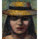 ‡ JOHN BOWEN (Welsh 1914-2006) oil on board - entitled verso, 'The Straw Hat', signed, 27 x 24.