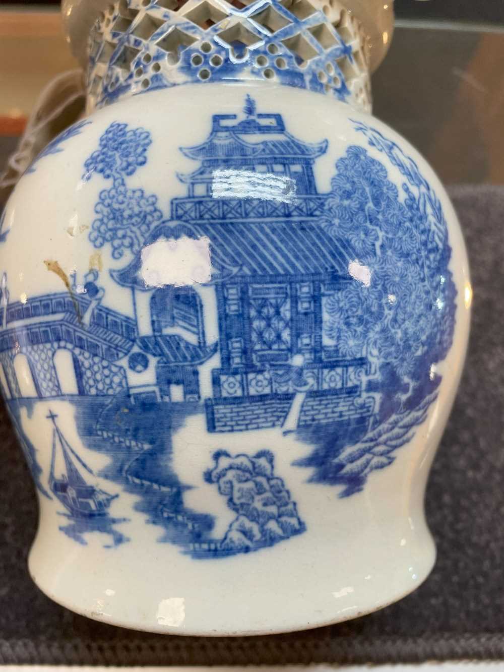 SWANSEA CAMBRIAN PEARLWARE PUZZLE JUG circa 1810, printed in blue with the 'Longbridge' pattern, - Image 12 of 20
