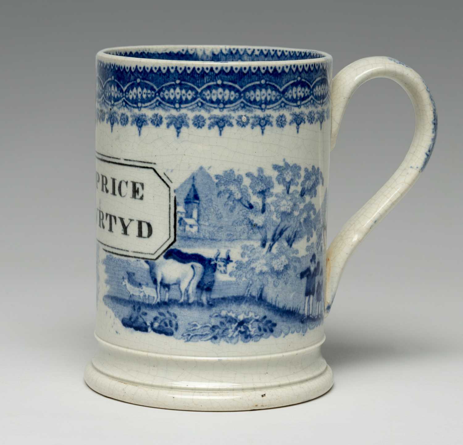 SWANSEA 'NAMED' BLUE & WHITE TANKARD printed in black with cartouche 'John Price Llanwrtyd' reserved - Image 2 of 14