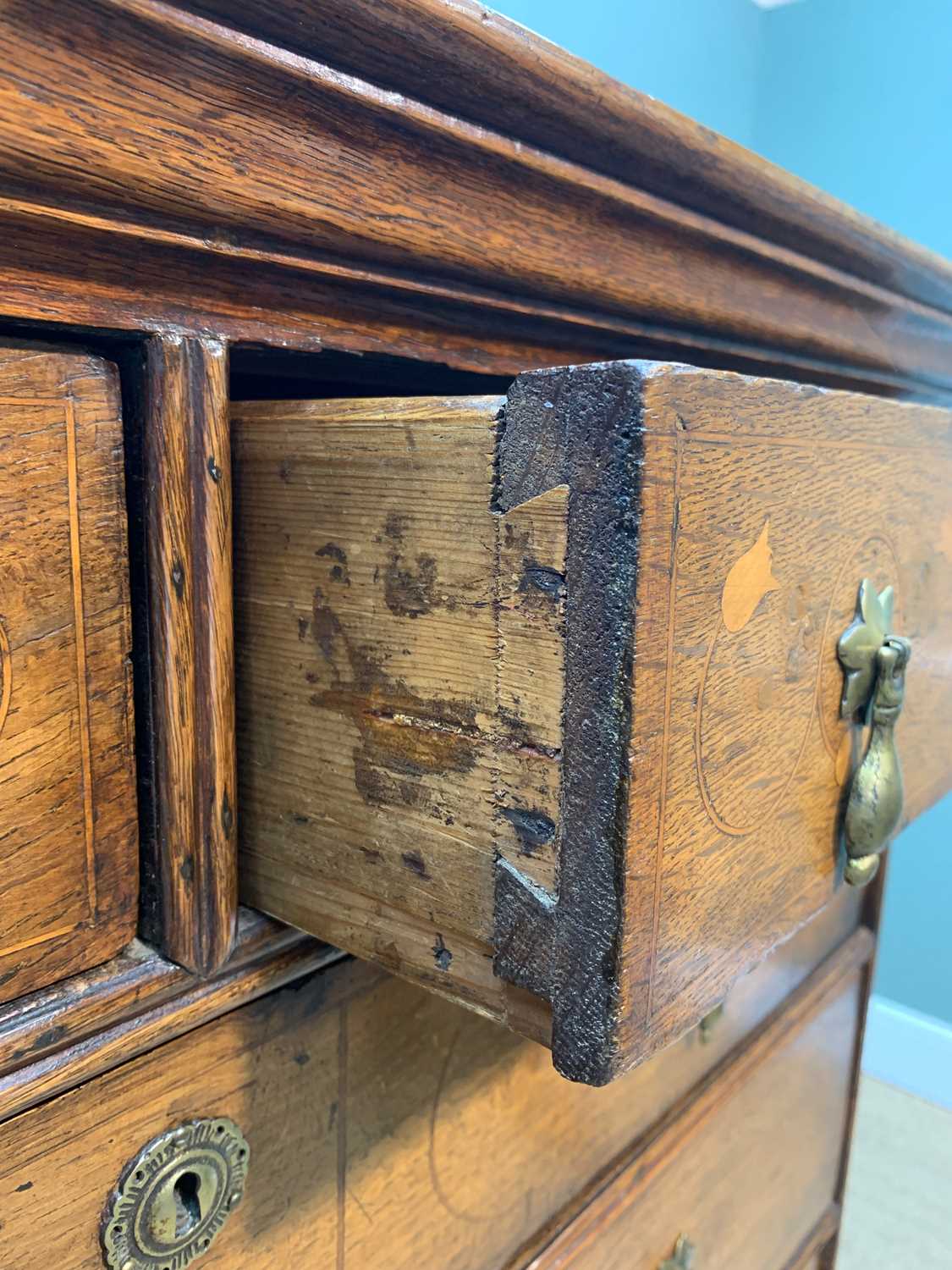 WELSH OAK INLAID CHEST ON STAND early 18th Century and later, Glamorgan, with double plank top - Image 5 of 7