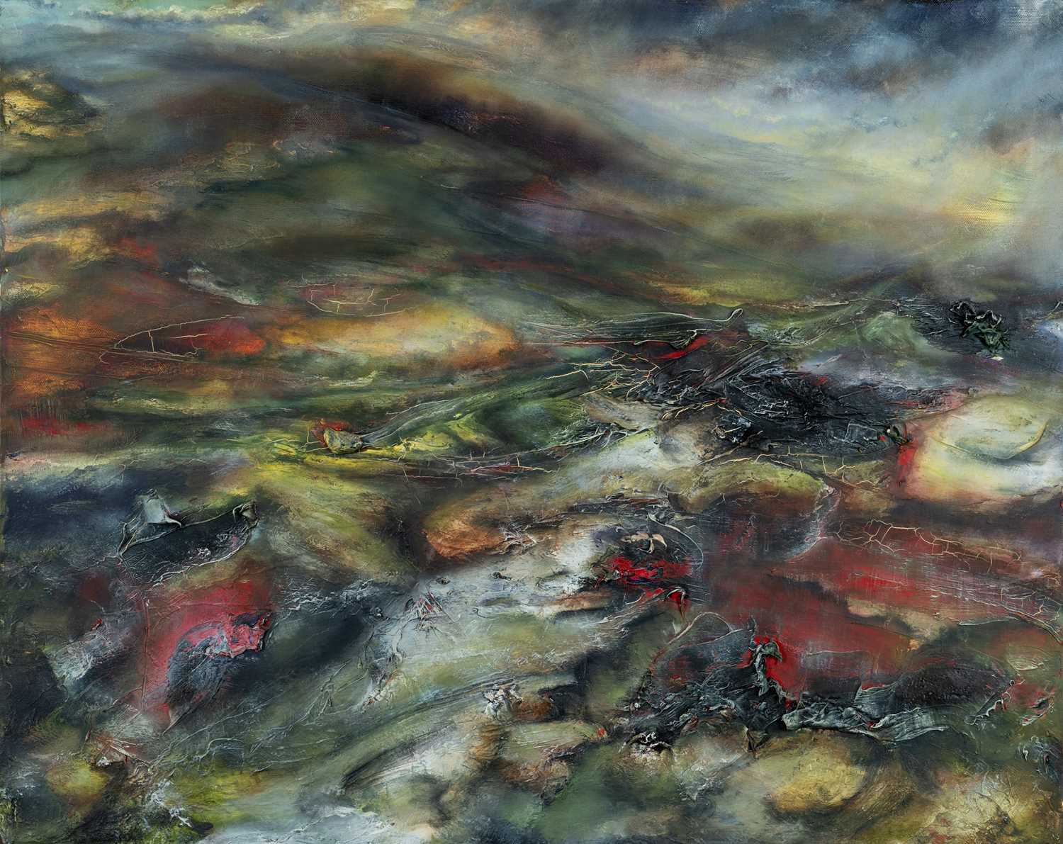 ‡ IWAN GWYN PARRY (Welsh b. 1970) oil on canvas - entitled verso, 'Burning Gorse, Melting Snow' on