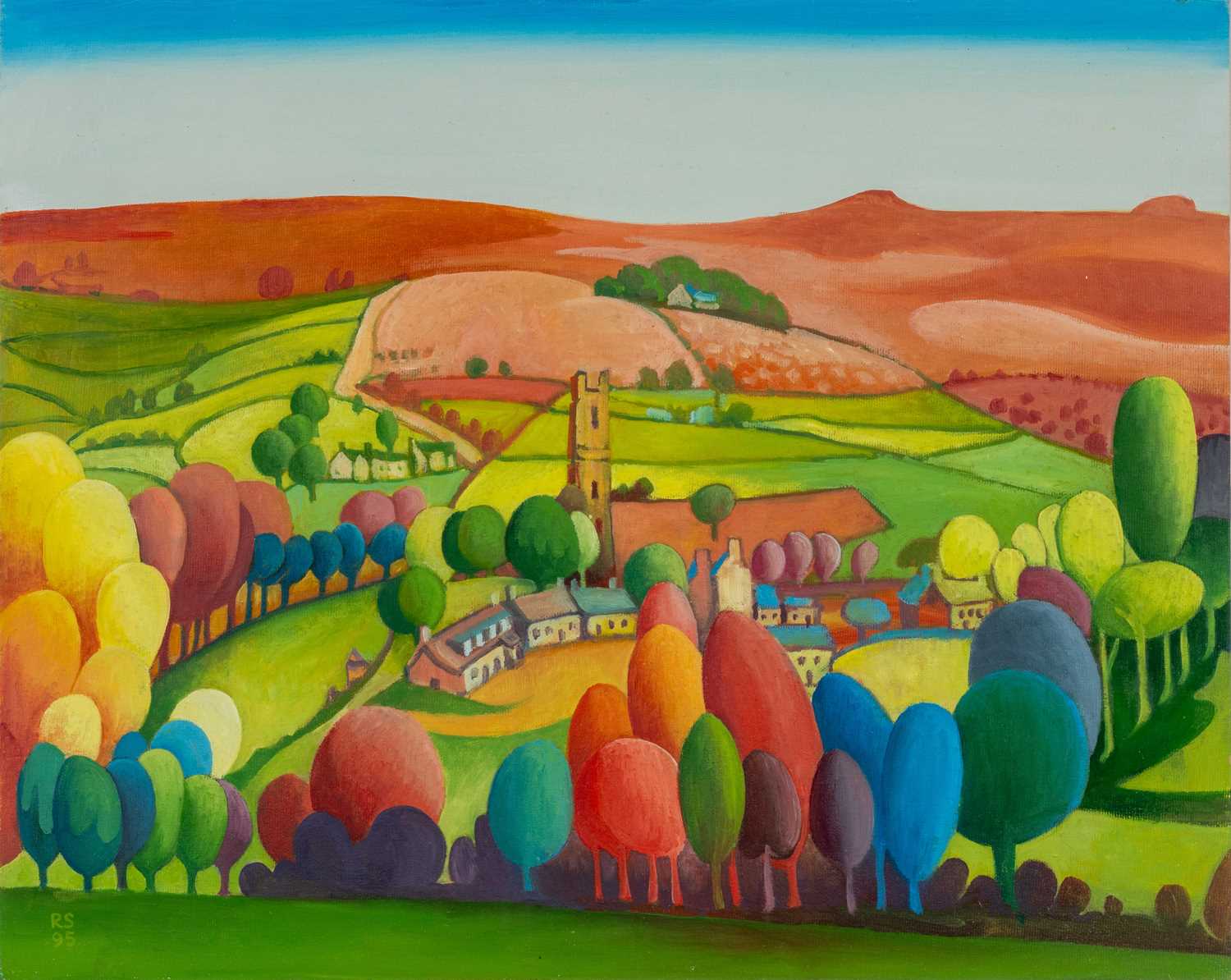 ‡ RALPH SPILLER (1934-2011) oil on card - landscape and village, signed with initials and dated '95,